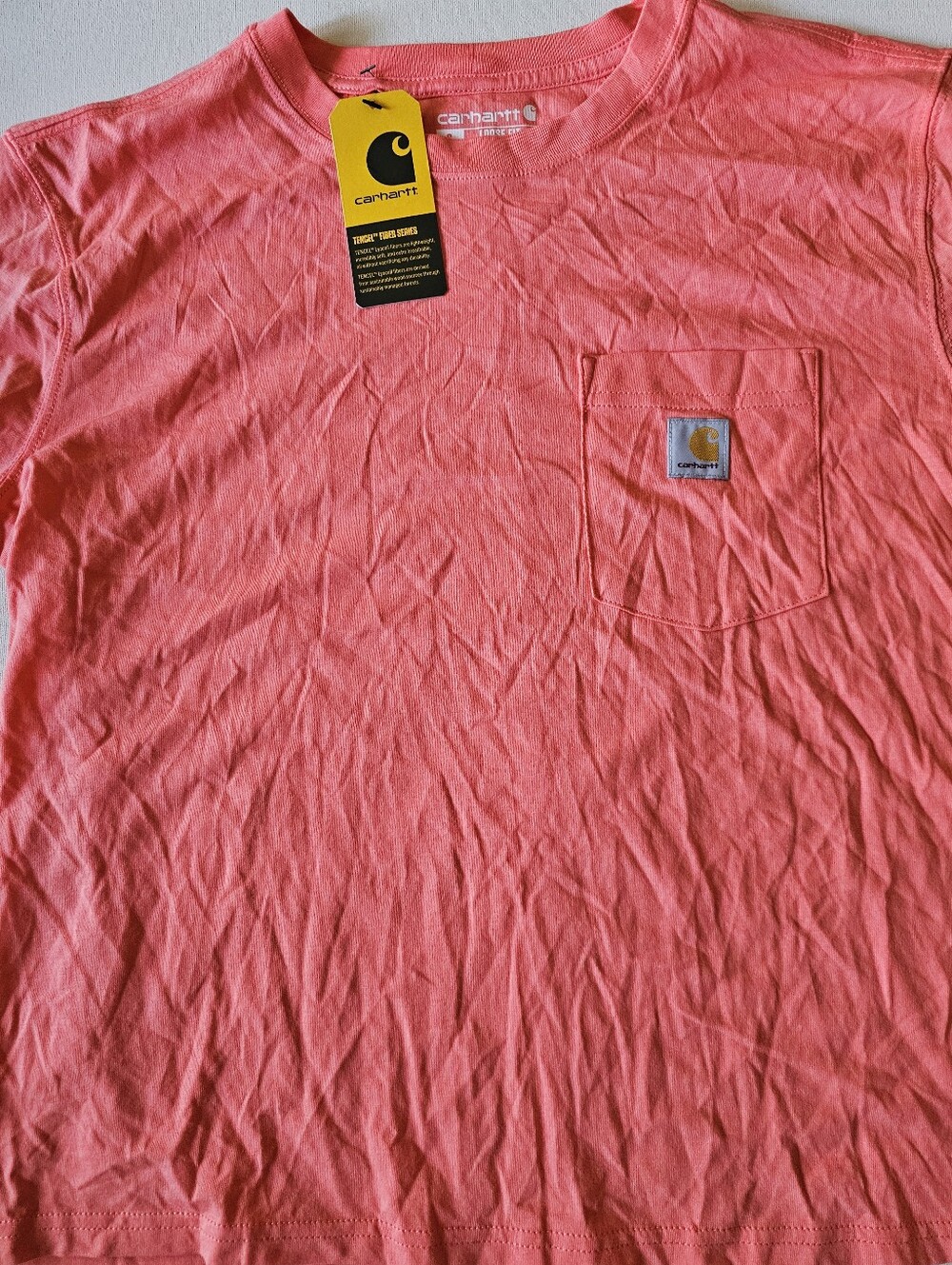 New Carhartt Womens Loose Fit Tencel Short Sleeve Pocket T Shirt Coral Sm Crop